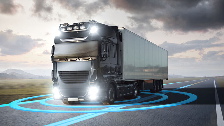 © photoschmidt - stock.adobe.com lkw selbstfahrend sensoren technologie technik zukunft automatisch modern sicherheit fahren verkehrssicherheit logistik transport automatisiert steuerung abstandsmessung güterverkehr straßenverkehr verkehr landstraße straße lastkraftwagen lastwagen grafik anhänger laster