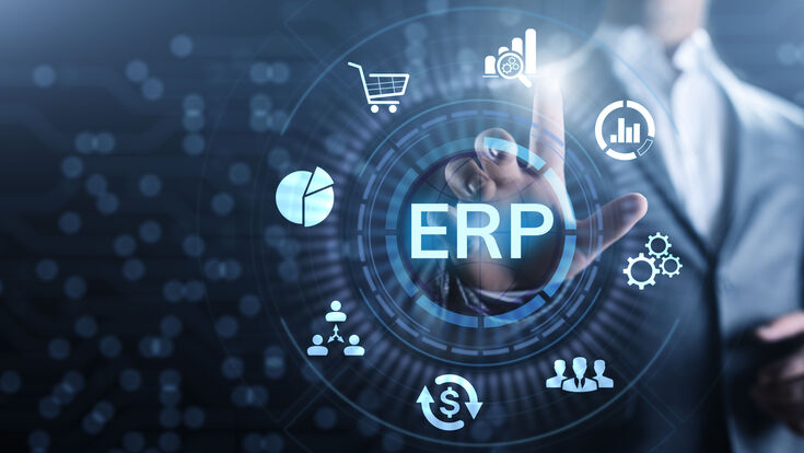 © Murrstock - stock.adobe.com erp enterprise resource planning corporate system inventory business concept internet digital success technology service software management database money solution screen strategy organization company blue businessman dark finger pointing press