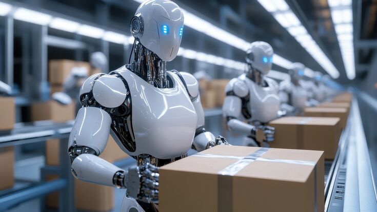 © Dream maker - stock.adobe.com Robots with sleek, metallic designs are efficiently sorting and packaging boxes on an assembly line within a spacious, well-organized warehouse. The scene captures a futuristic manufacturing process.