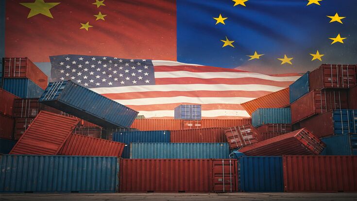 © SuperImages - stock.adobe.com Global Trade Tensions. A Visual Representation of Economic Conflict Between China, the United States, and Europe, with Shipping Containers Symbolizing Trade